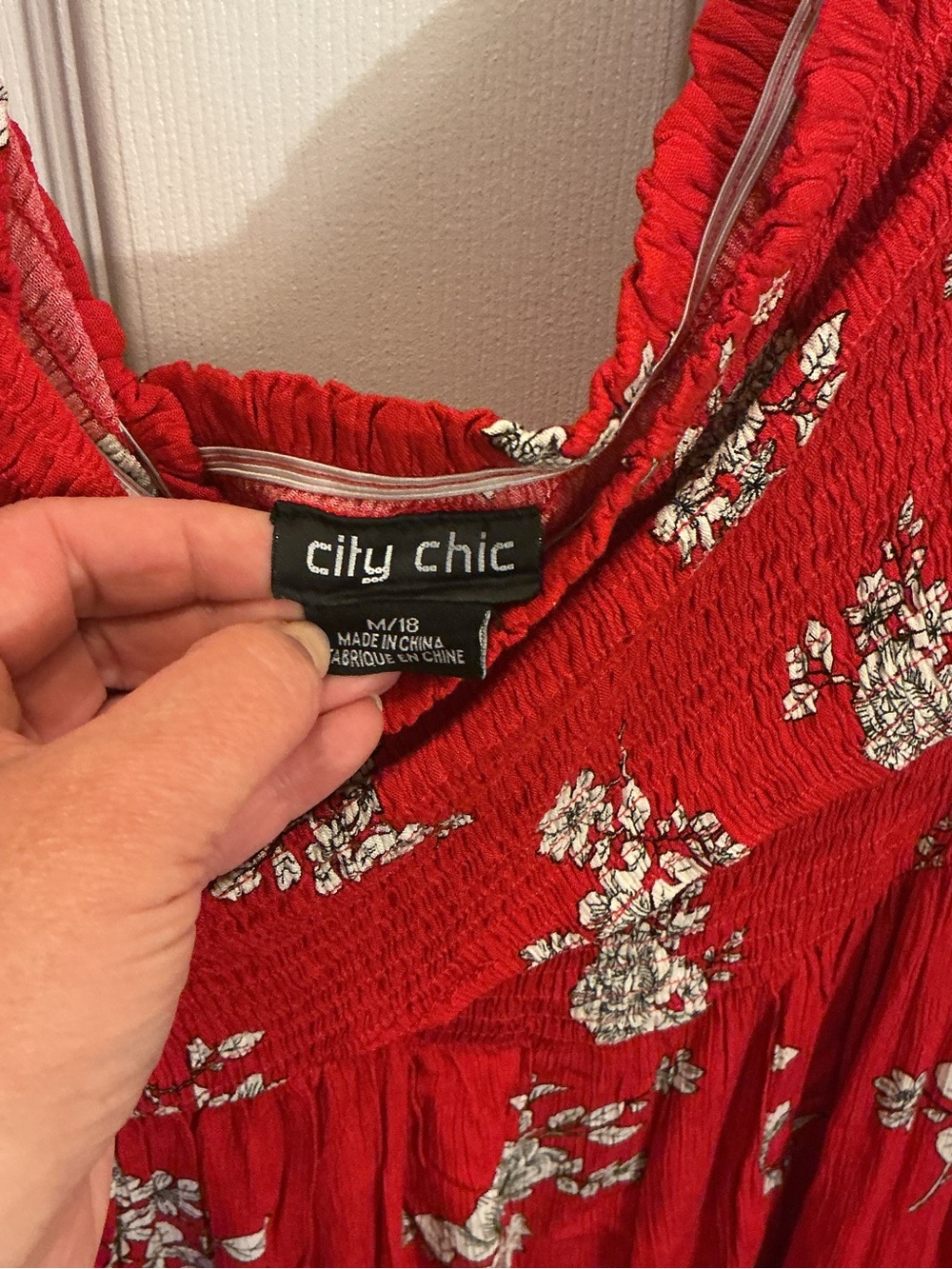 City Chic Red Floral Smocked Maxi 49” Dress Off-shoulder - Picture 7 of 7
